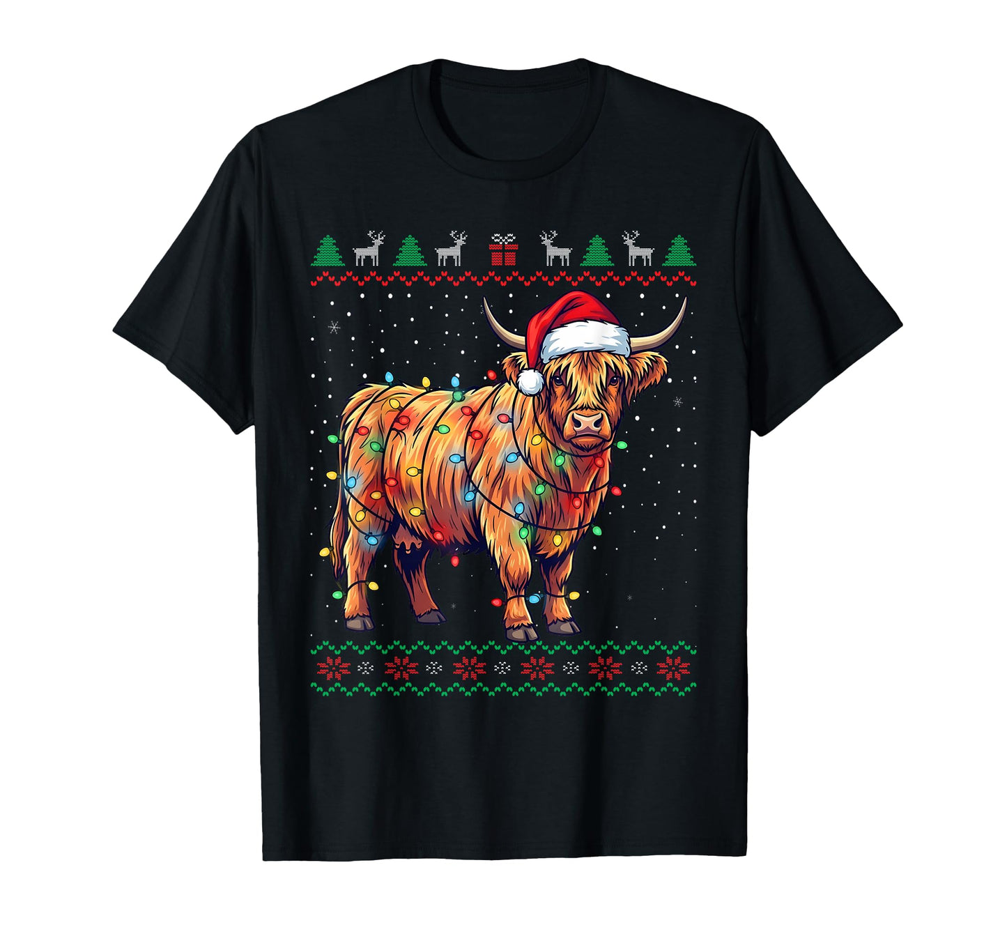 Funny Highland Cow Christmas Lights Santa Hat Holiday T-Shirt