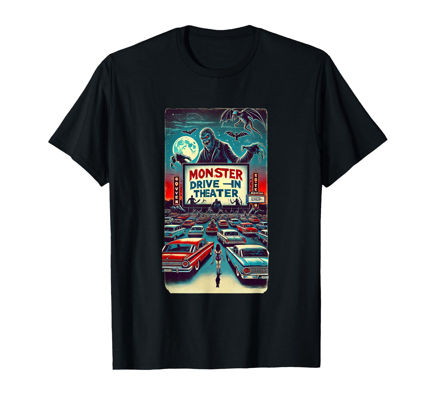 Retro Monster Horror Drive-In Halloween Design T-Shirt