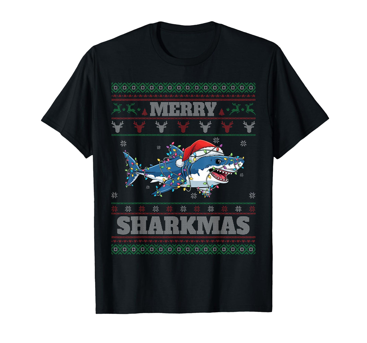 Merry Sharkmas Shark Lights Santa Hat Funny Ugly Christmas T-Shirt