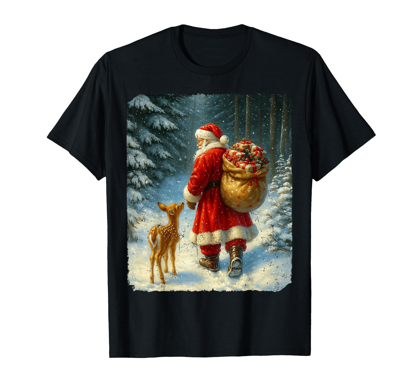 Vintage Graphic Santa Reindeer Christmas Xmas Men Women T-Shirt