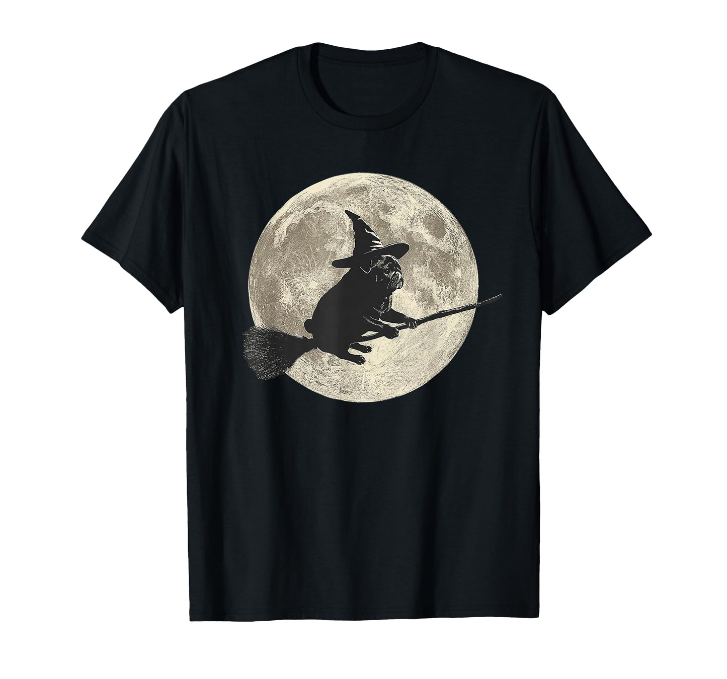 Halloween Moon Pug Witch Broomstick T-Shirt
