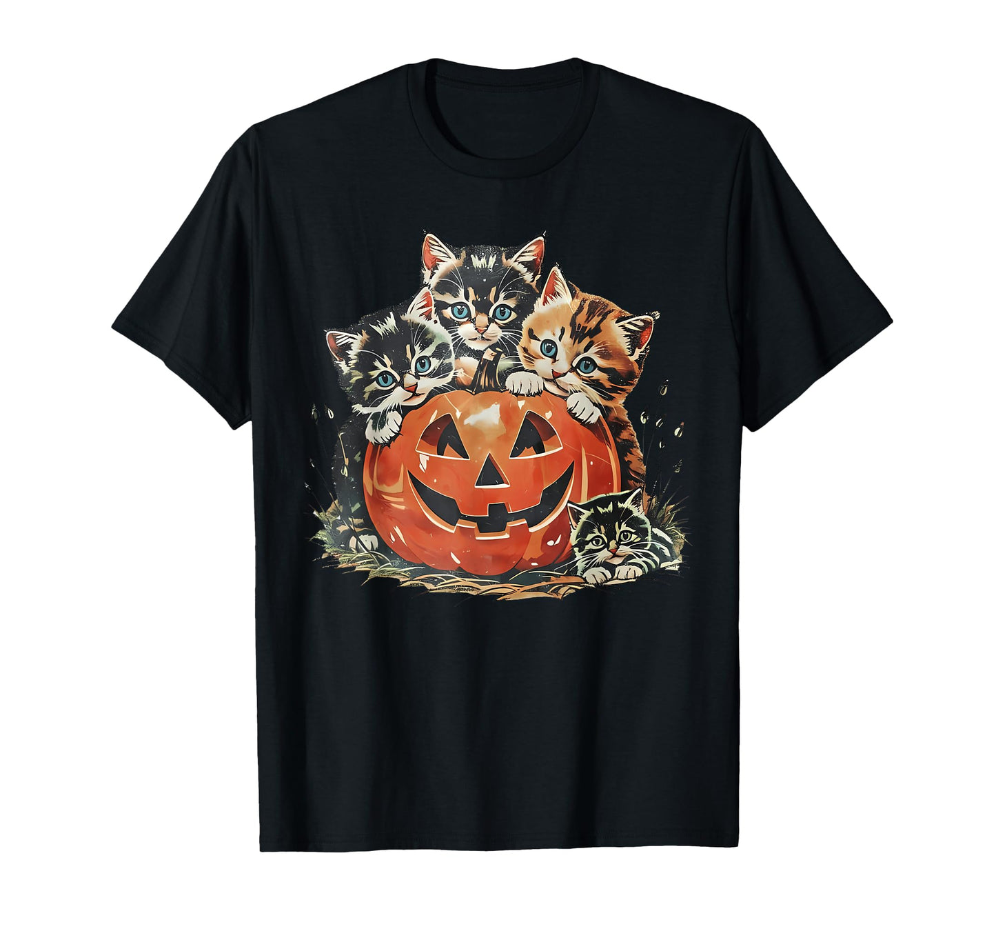 Vintage 90s Cat Pumpkin Halloween Retro Floral Spooky Season T-Shirt