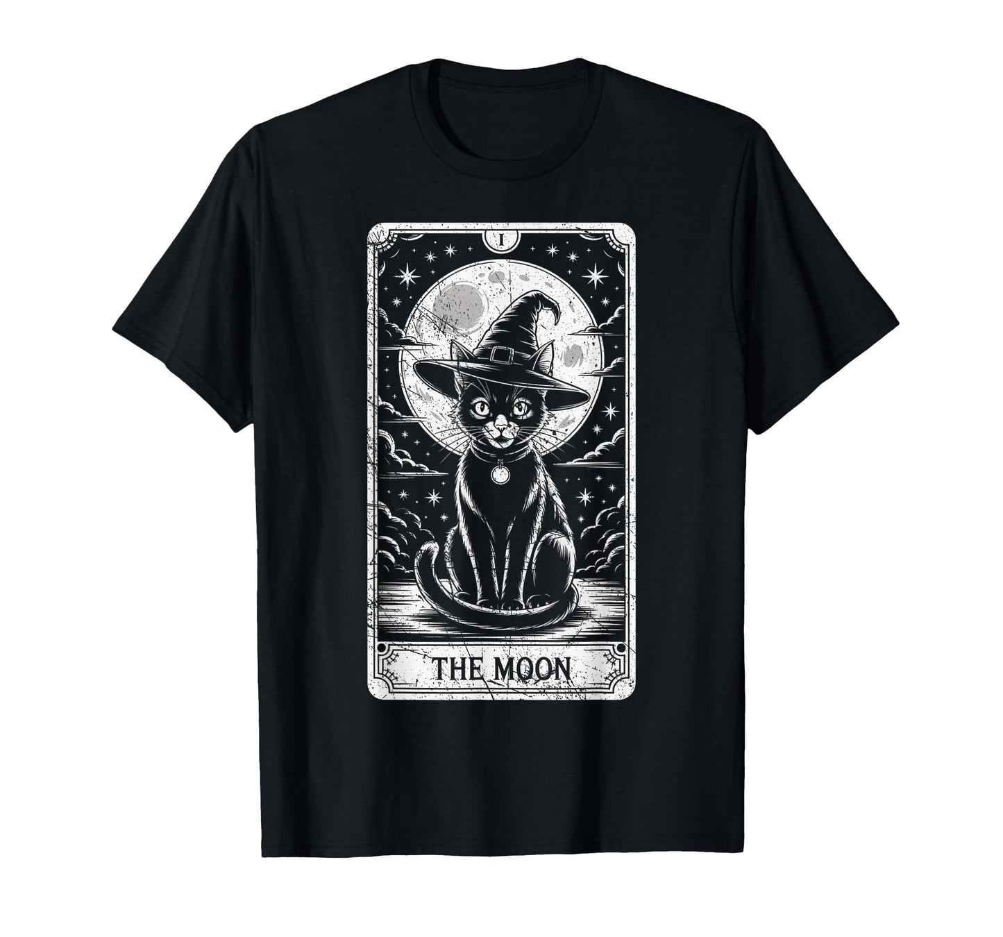 Tarot Card Crescent Moon and Black Cat Witch Hat Halloween T-Shirt