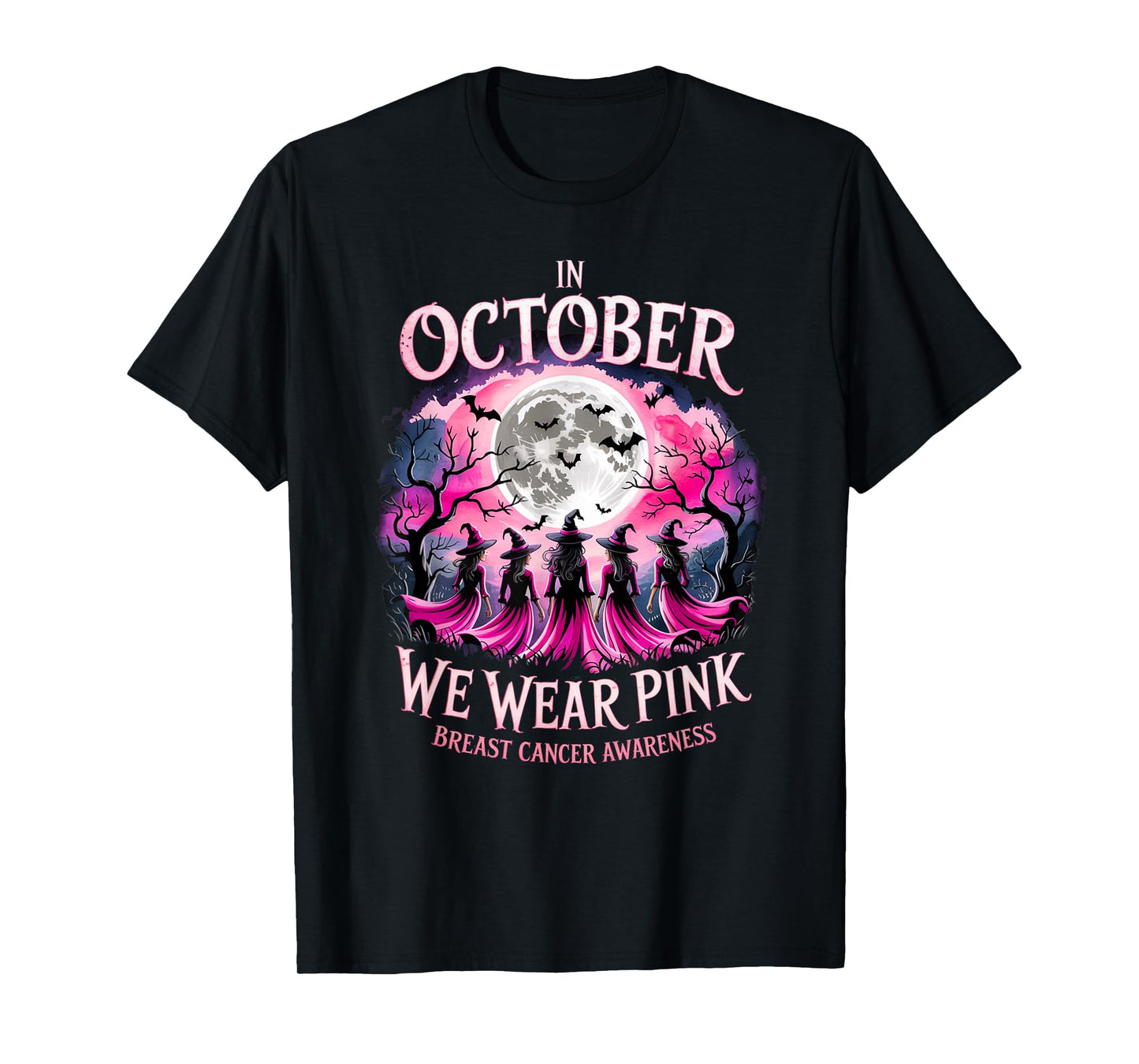 in October We Wear Pink Retro Witch Breast Cancer Awareness T-Shirt