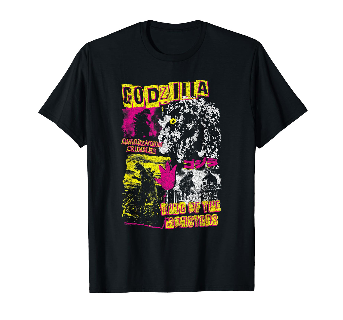 Godzilla Civilization Crumbles Neon Collage Retro Movie T-Shirt