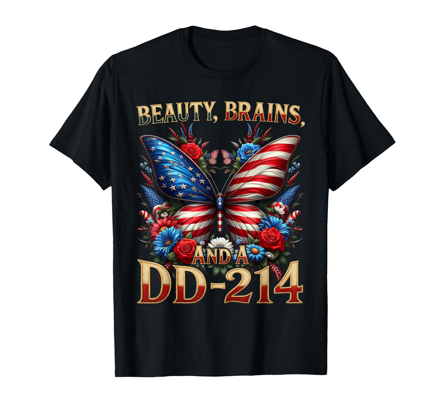 Female Veteran Army Floral Vintage Beauty Brains US T-Shirt