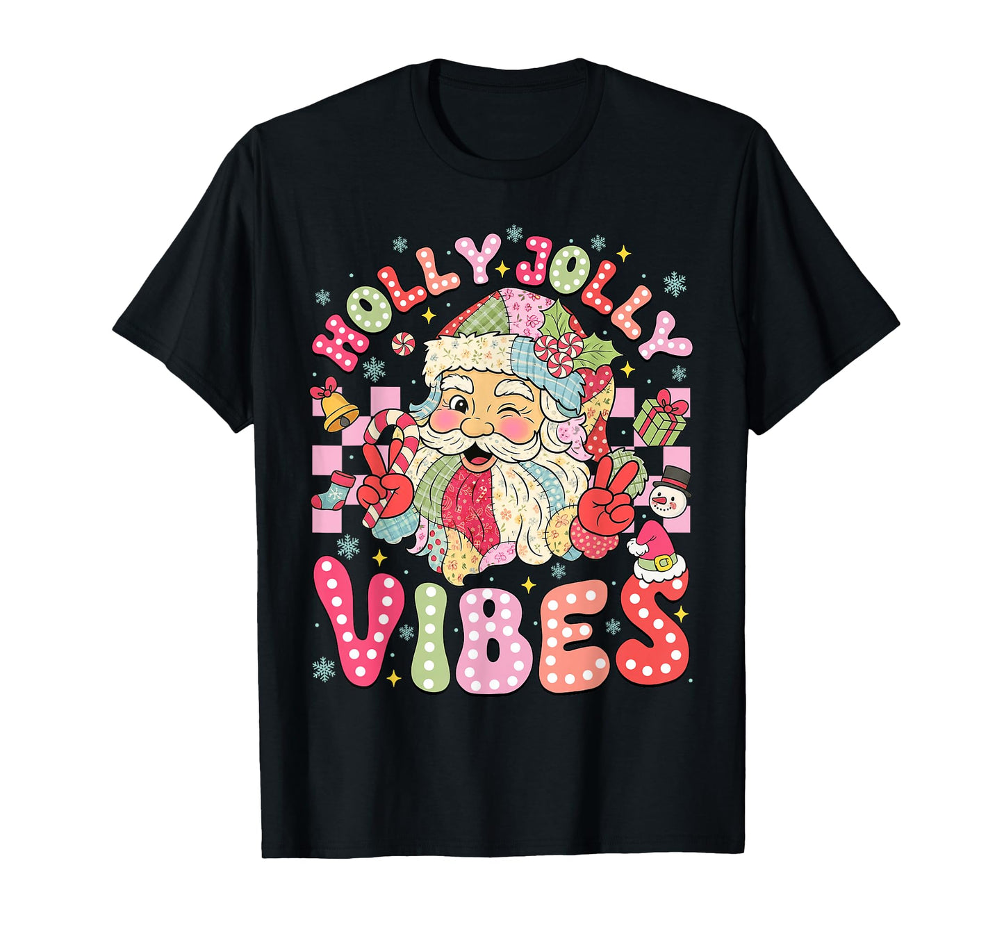 Patchwork Cute Santa Claus Christmas Vibes Xmas Women Girls T-Shirt