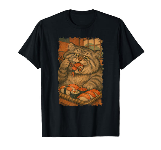 Manul Pallas´s Cat Eats Sushi Japanese Vintage T-Shirt
