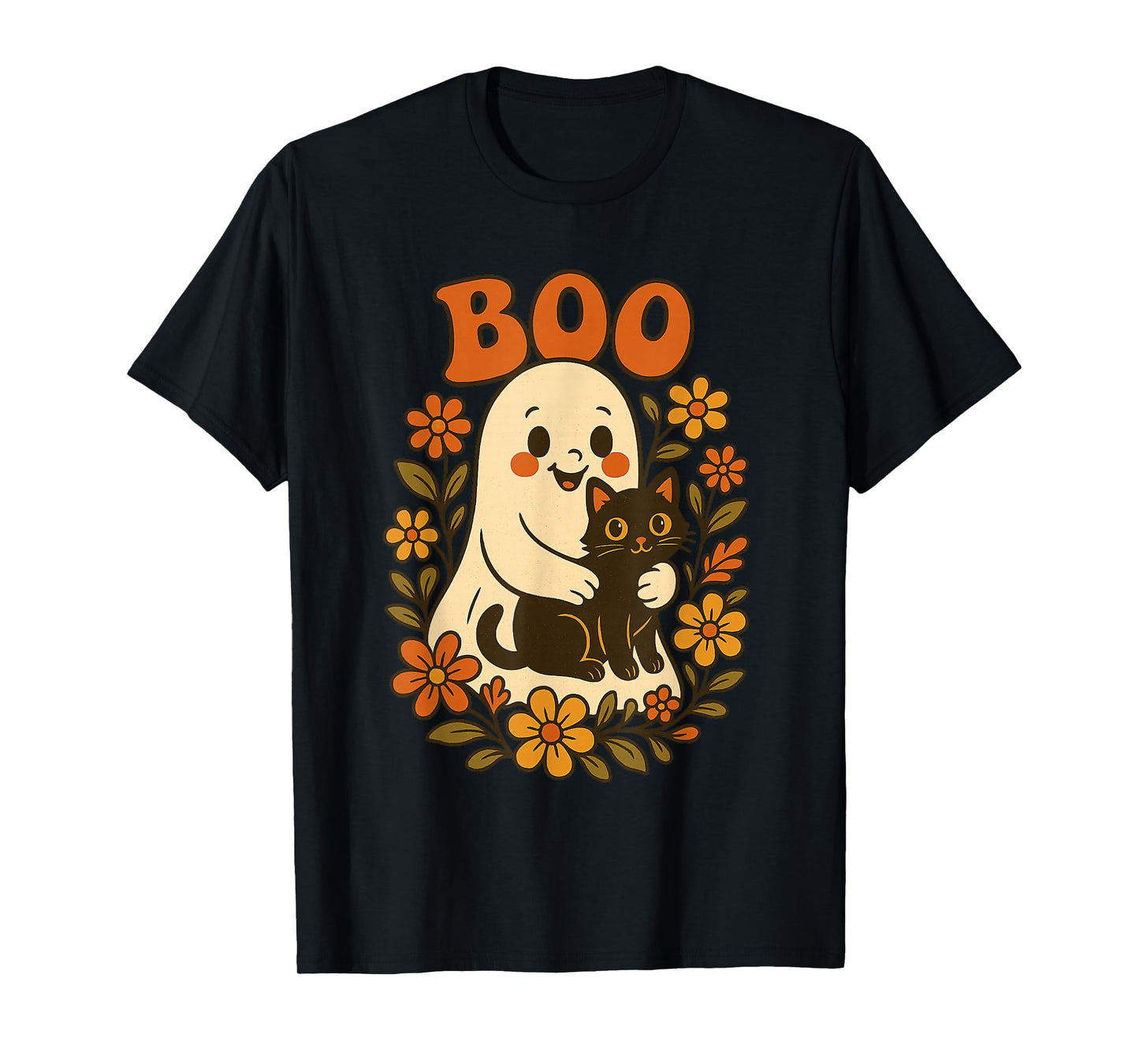 Vintage Halloween Ghost Holding Black Cat Groovy Floral T-Shirt