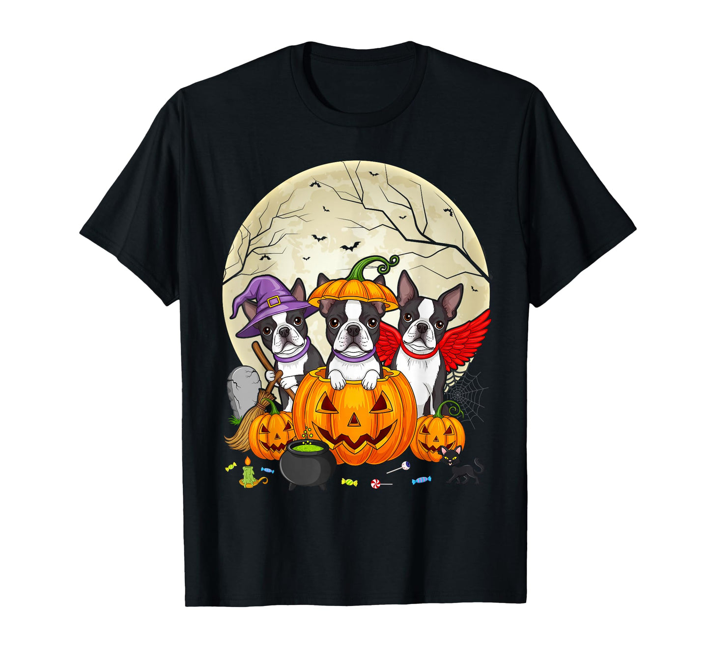 Funny Pumpkin Witch Boston Terrier Dog Halloween T-Shirt