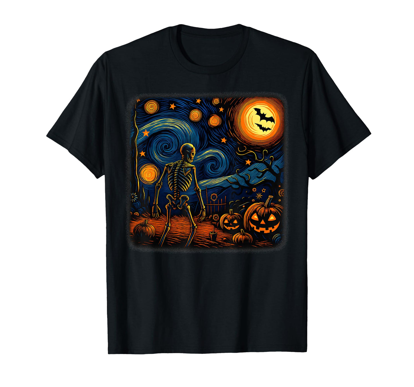 Halloween Skeleton Starry Night Van Gogh Pumpkin Men Women T-Shirt