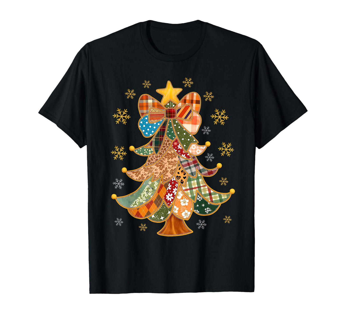 Christmas Tree Patchwork Coquette Bow Xmas Snowflake Holiday T-Shirt