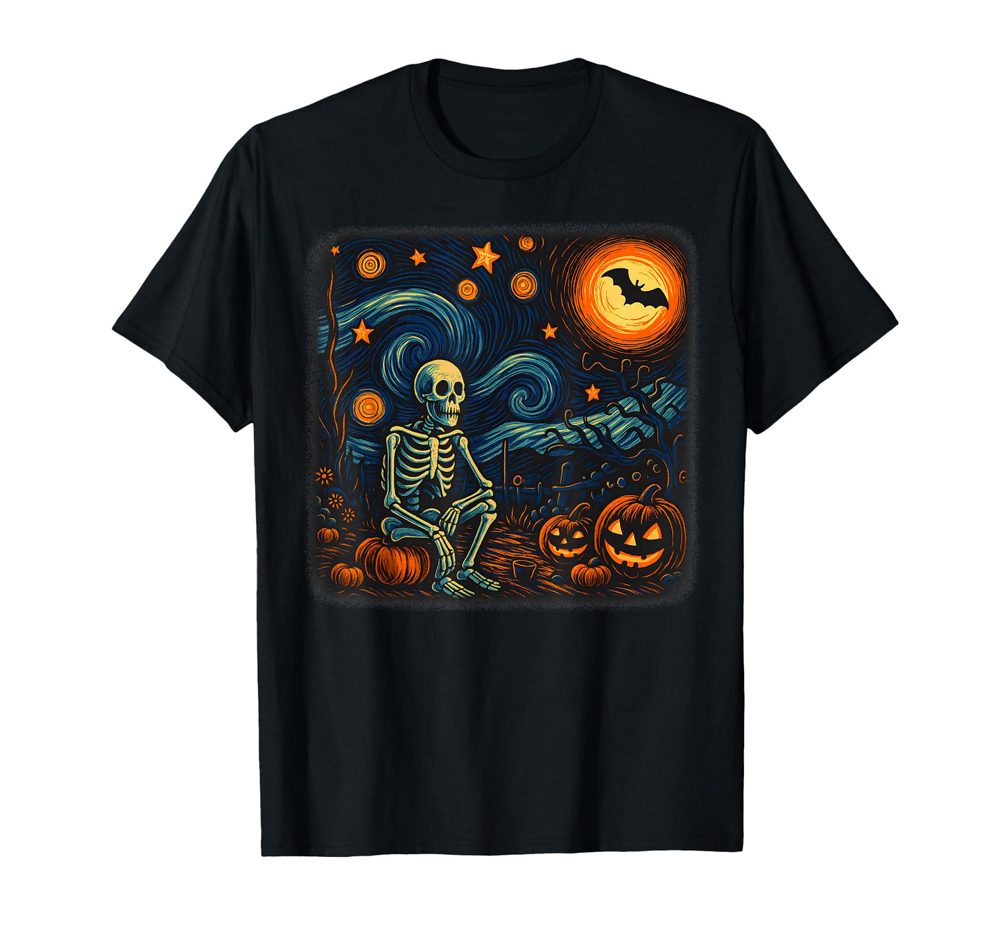 Halloween Skeleton Starry Night Van Gogh Pumpkin Men Women T-Shirt