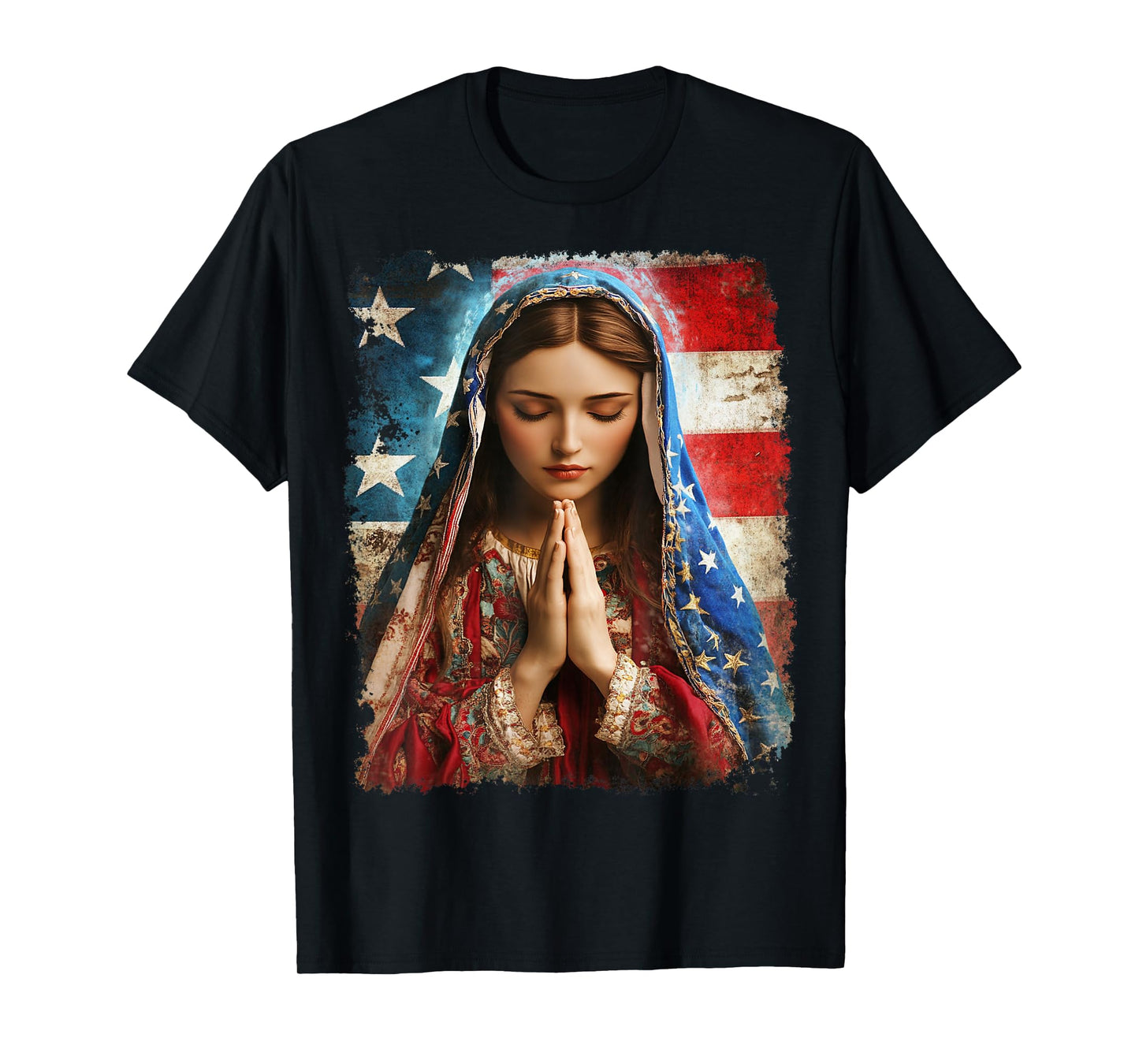 US Flag American The Virgin Mary Religious Christian T-Shirt