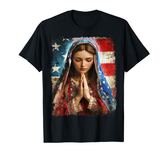 US Flag American The Virgin Mary Religious Christian T-Shirt