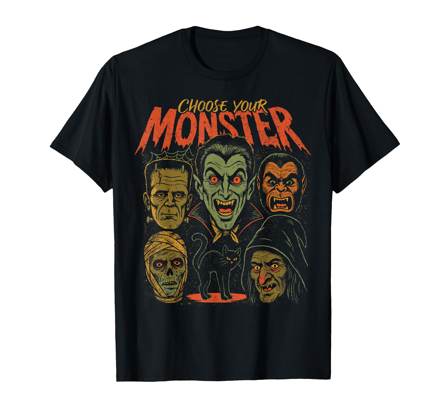 Retro Halloween Monsters Video Game Mummy Cat Werewolf T-Shirt