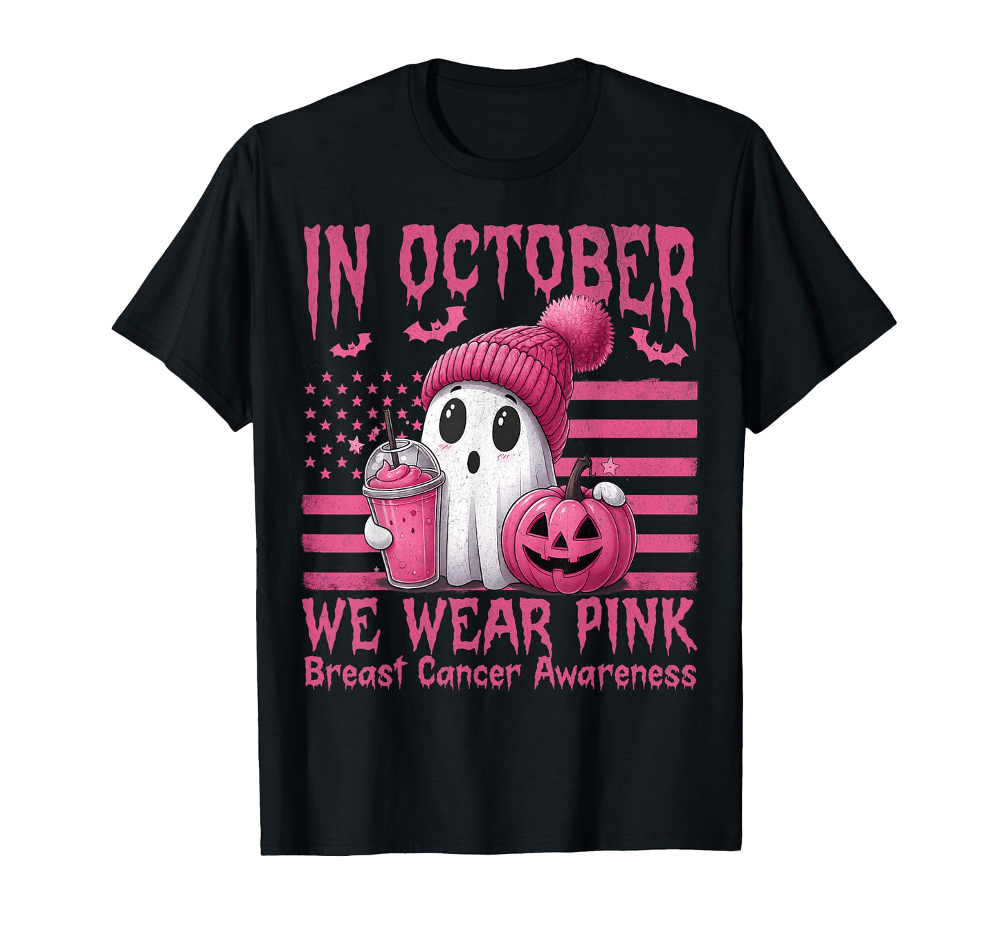 in October We Wear Pink Ghost Witch Breast Cancer Awareness T-Shirt