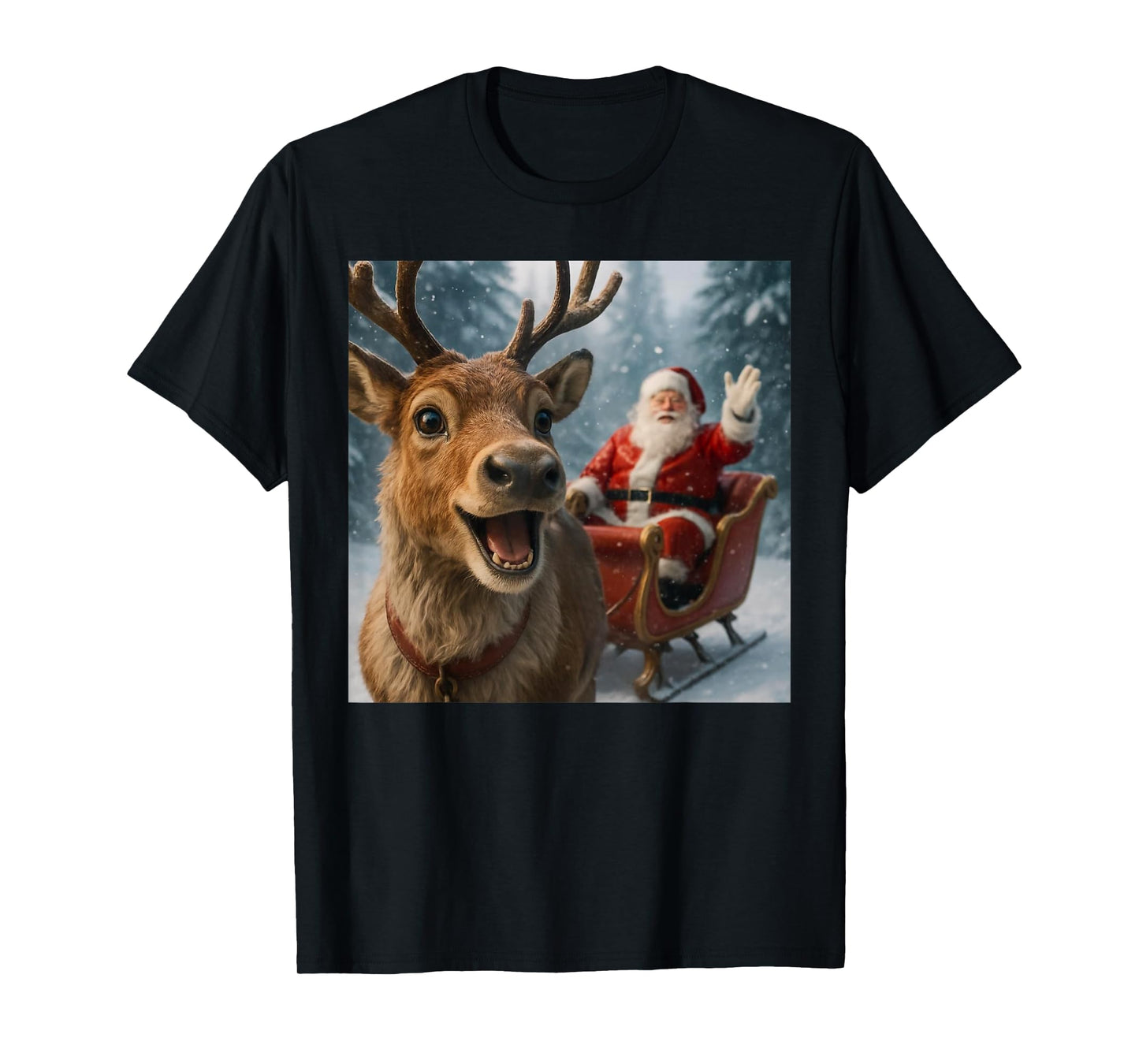 Funny Santa Claus in Sleigh with Reindeer Christmas Holiday T-Shirt