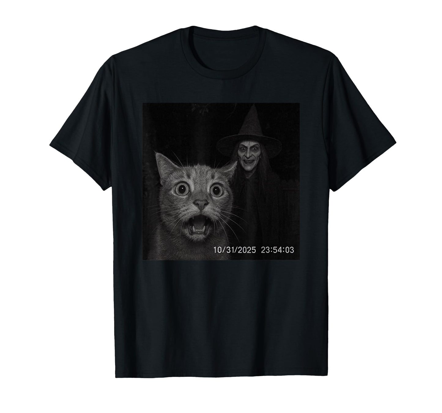 Funny Cat On Security Camera with Witch Halloween T-Shirt