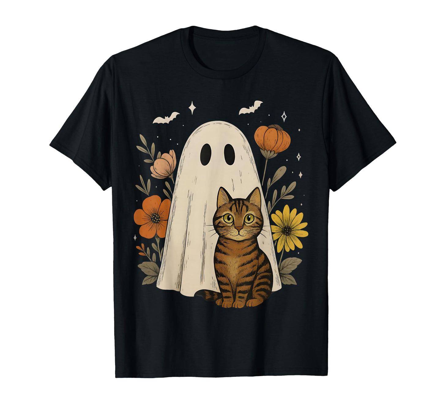 Vintage Halloween Ghost Tabby Cat Groovy Floral Funny Boo T-Shirt