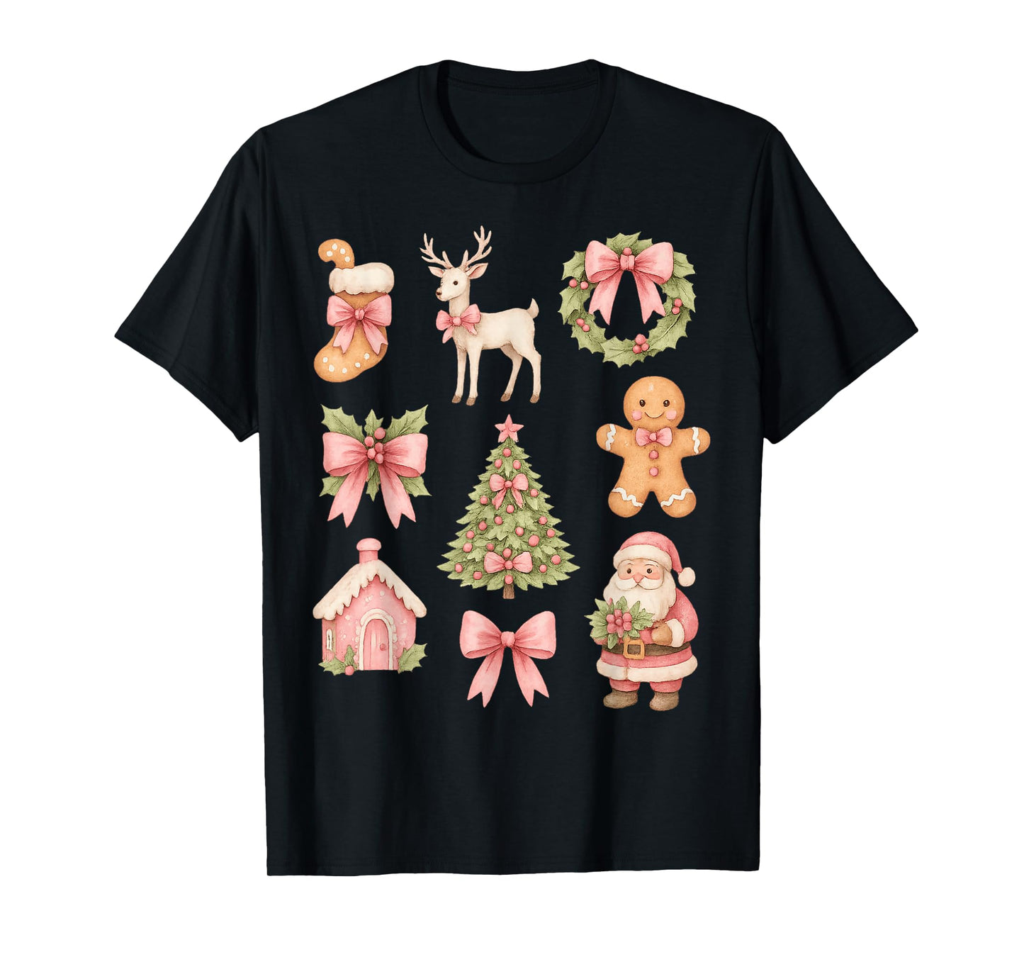 Preppy Coquette Bow Pink Christmas Tree Santa Gingerbread T-Shirt