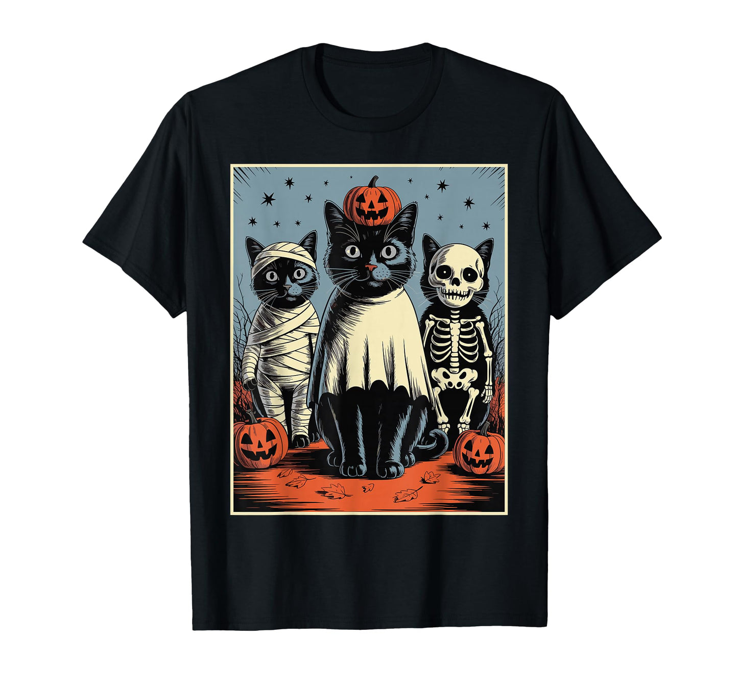 Retro Black Cat Witch Scary Halloween Pumpkin Women Men Kids T-Shirt