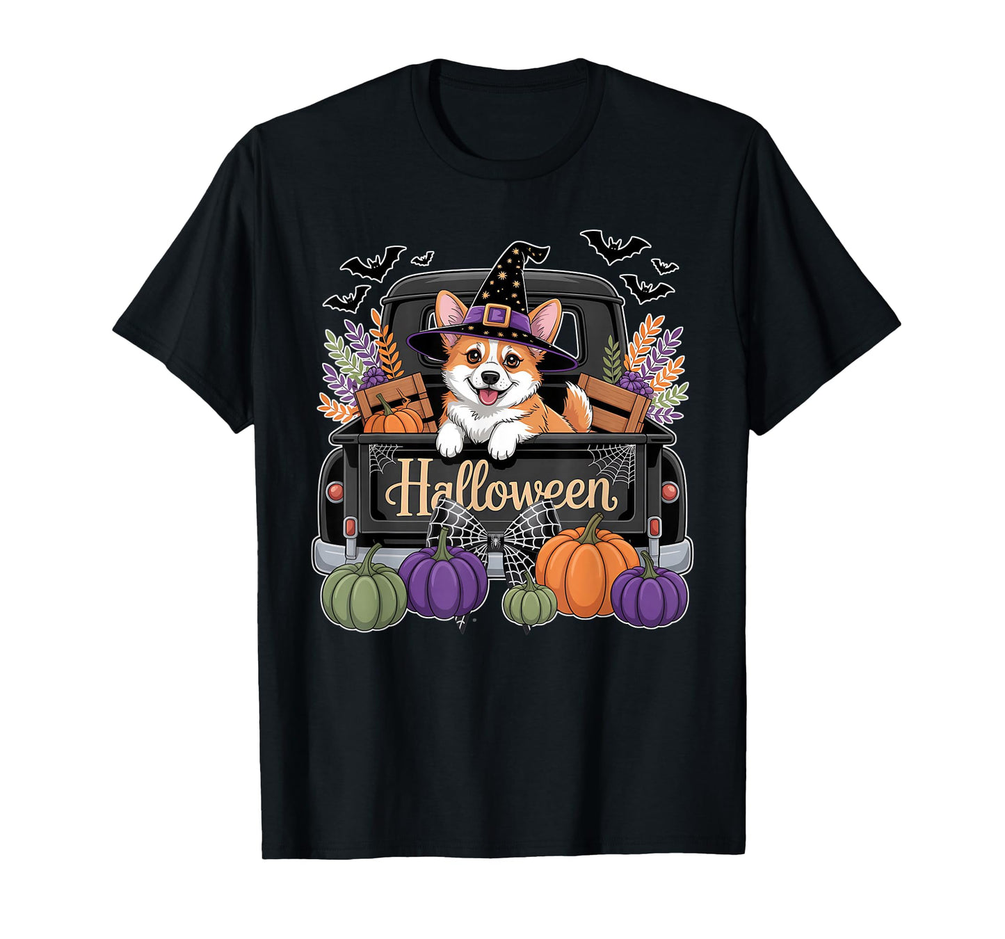 Funny Corgi Witch Hat Truck Pumpkin Dog Lovers Halloween T-Shirt