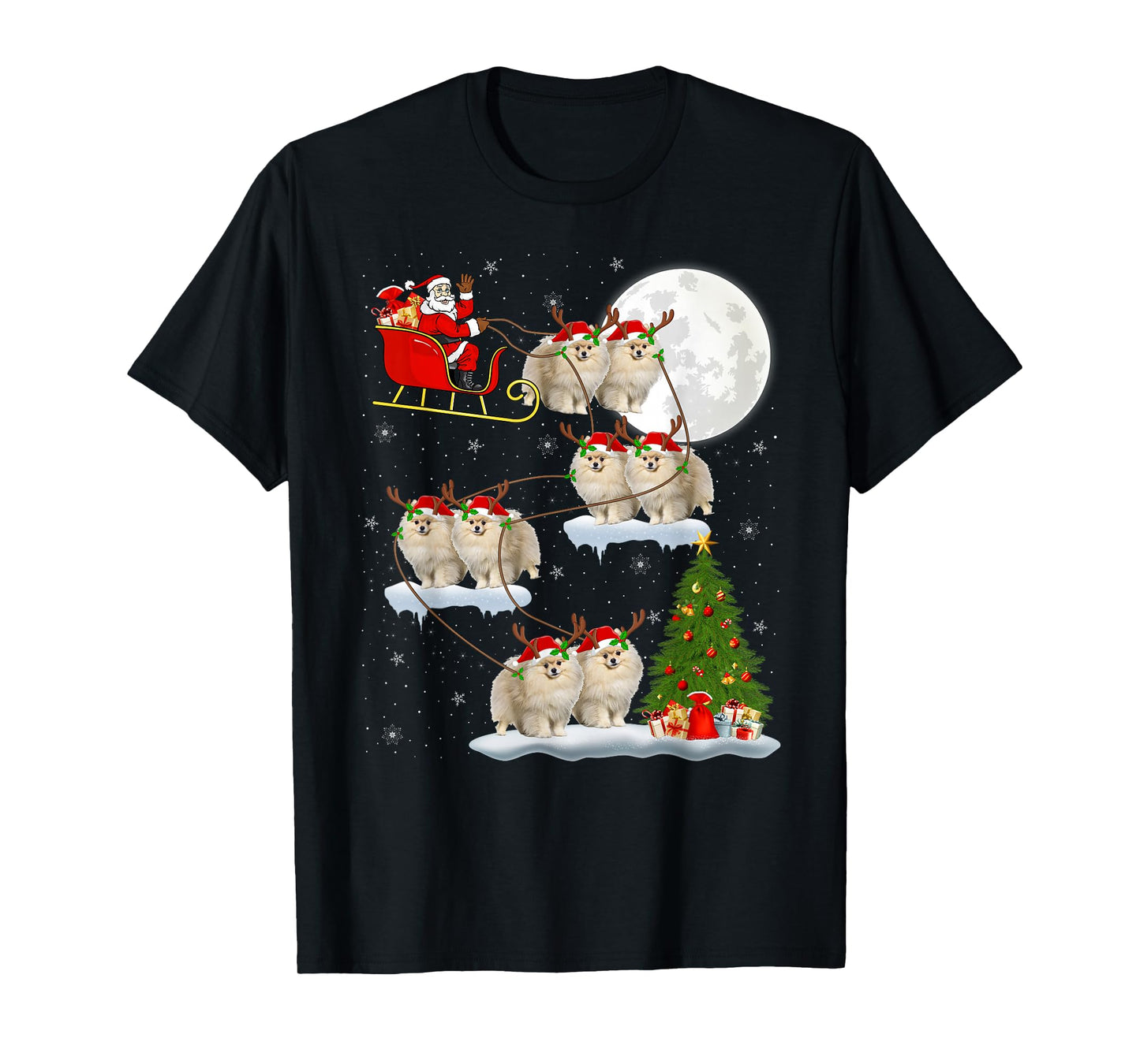 Pomeranian Dog Santa Sleigh Flying Funny Magical Christmas T-Shirt