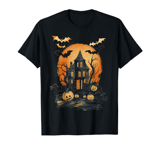 Vintage Spooky Halloween Hunted House Night Casual Graphic T-Shirt