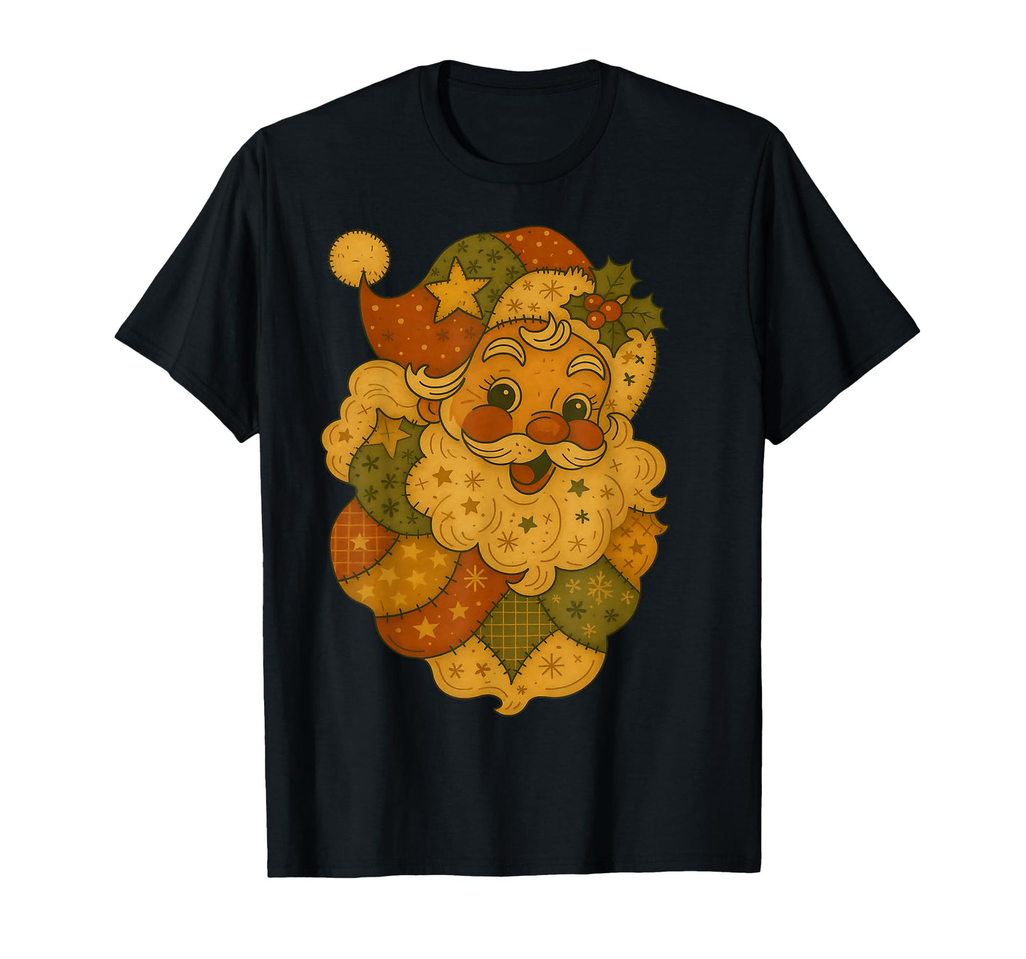 Patchwork Santa Claus Face Vintage Christmas Folk Art T-Shirt