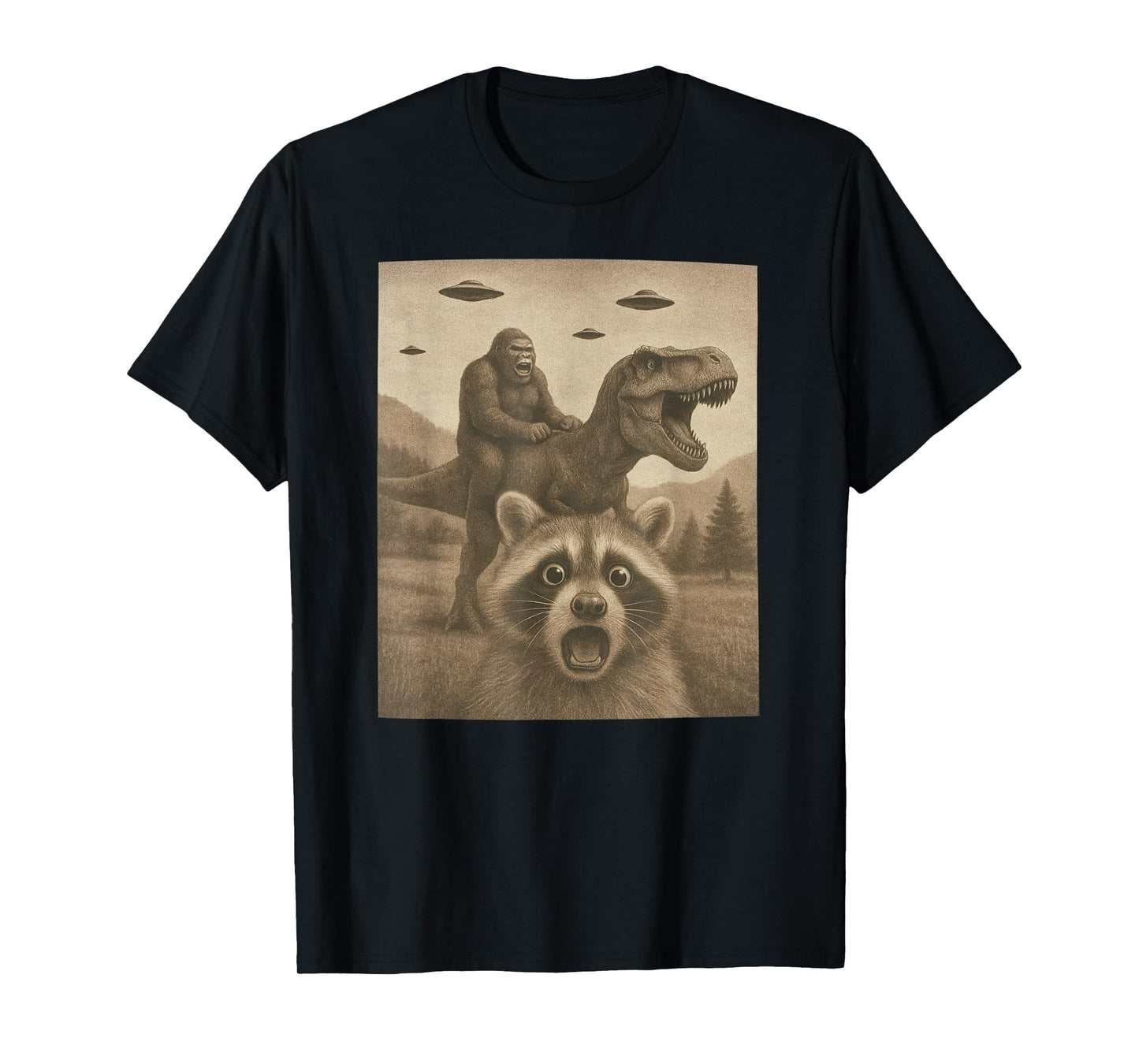 Funny Racoon Selfie Bigfoot Riding T rex UFO Bigfoot T-Shirt