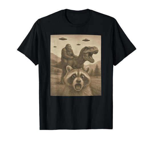 Funny Racoon Selfie Bigfoot Riding T rex UFO Bigfoot T-Shirt