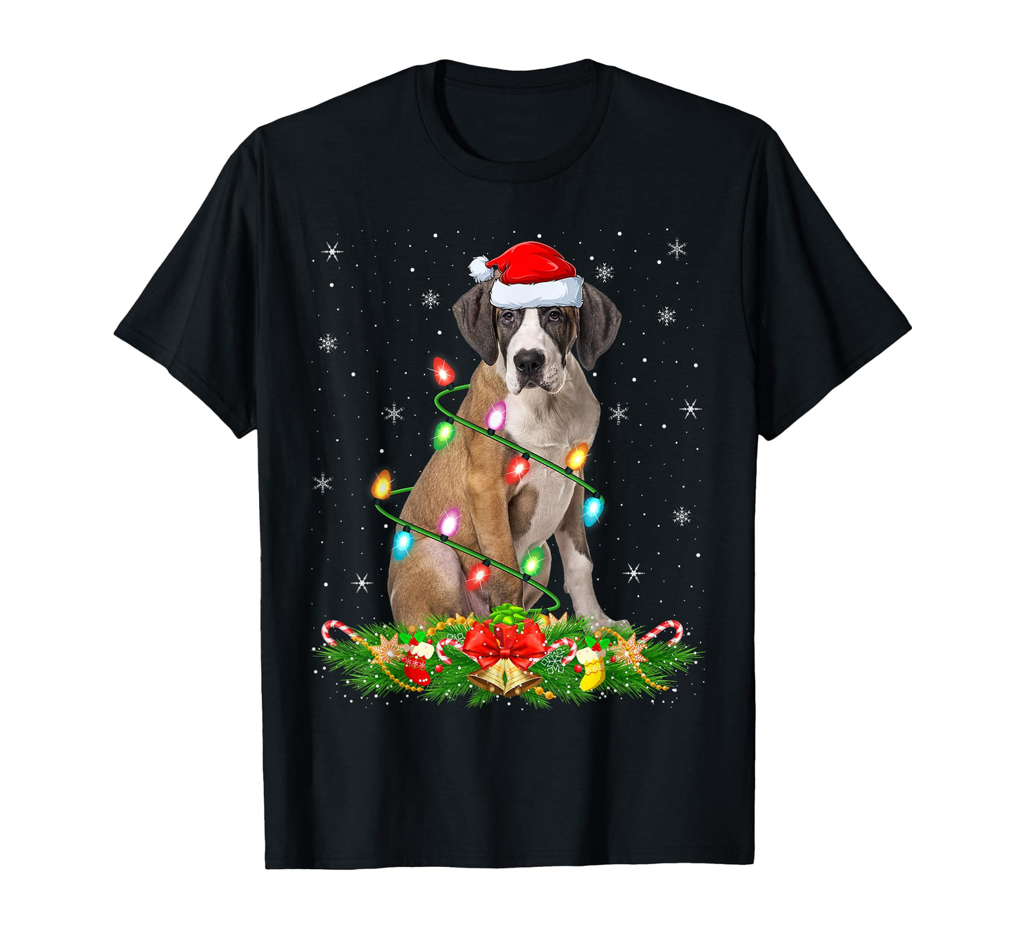 Great Dane Dog Christmas Lights Funny Santa Hat Xmas T-Shirt