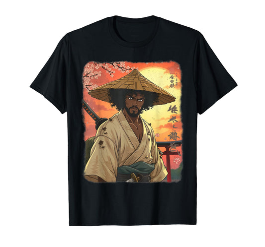 Afro American Samurai African Warrior in Anime with Katana T-Shirt