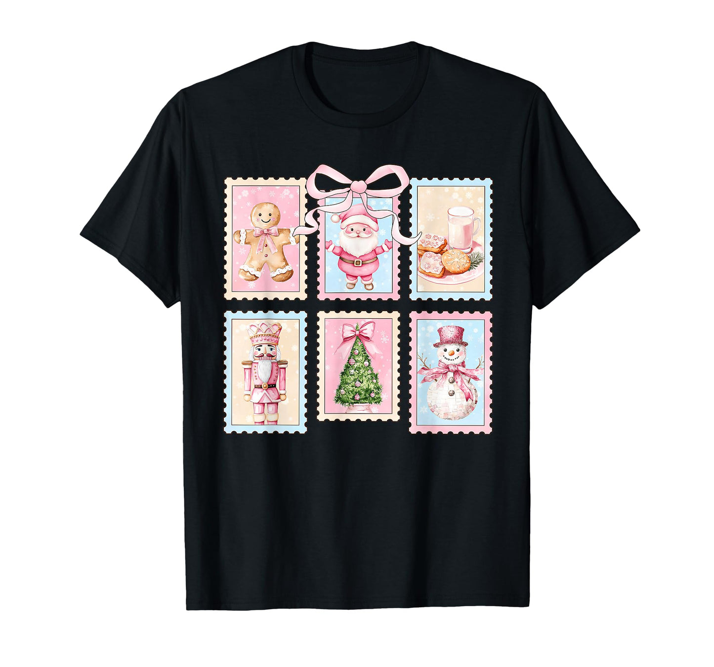 Vintage Pink Nutcracker Santa Claus Bow Christmas Tree T-Shirt