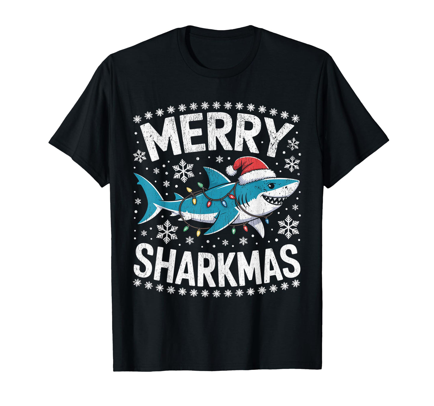 Merry Sharkmas Funny Shark Santa Hat Ugly Christmas Sweater T-Shirt