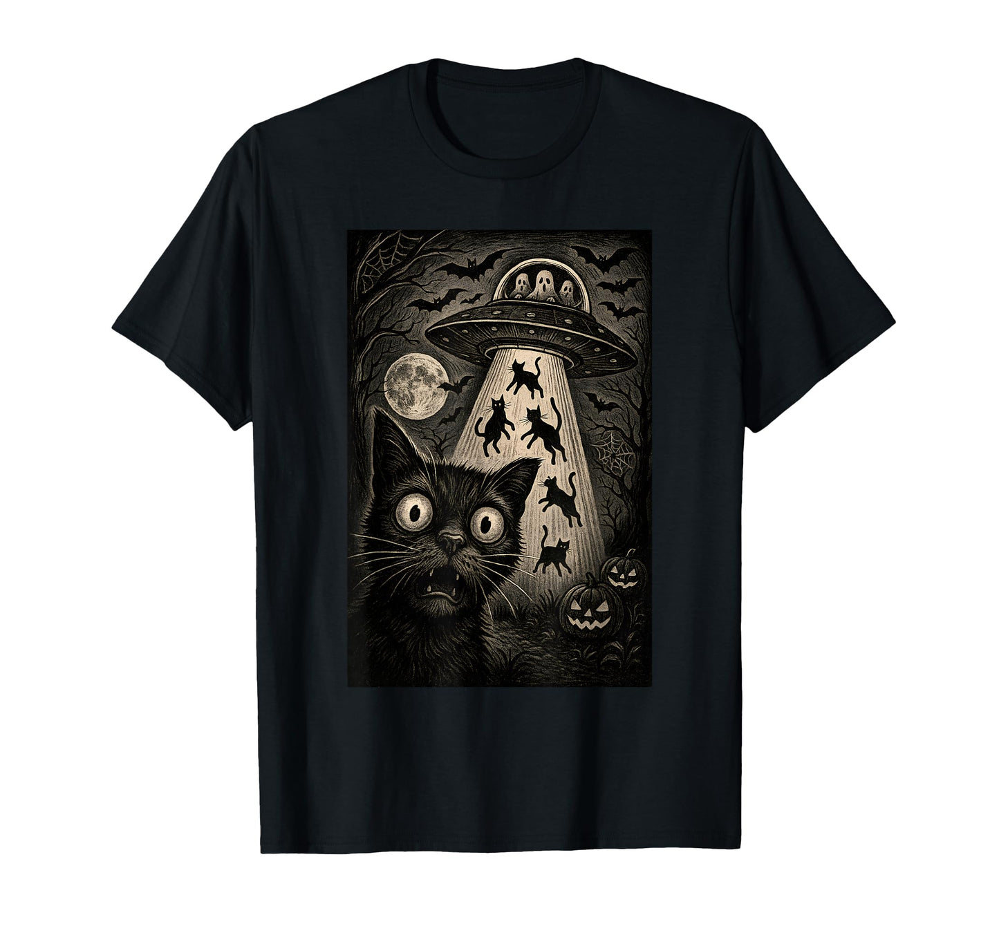 Halloween Cat Selfie Spooky Night Alien Abduction Cats UFO T-Shirt