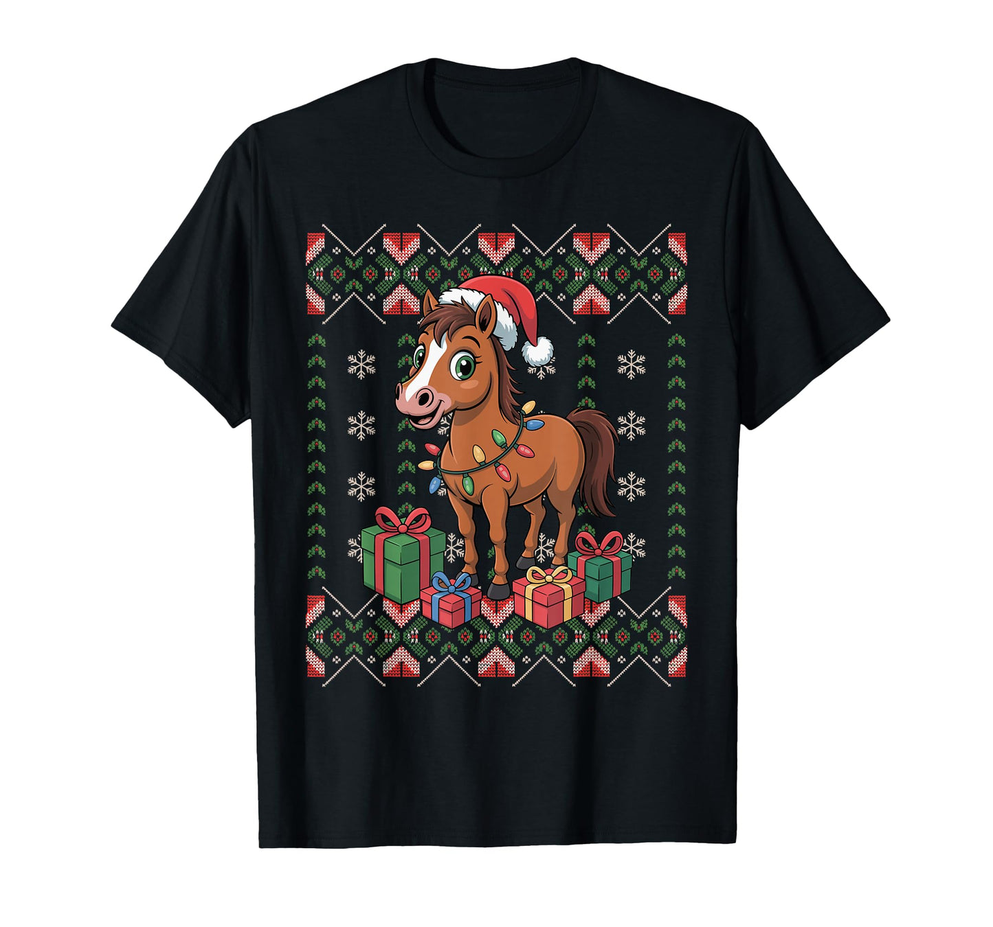 Santa Horse Christmas Ugly Sweater Funny Holiday Pajamas T-Shirt
