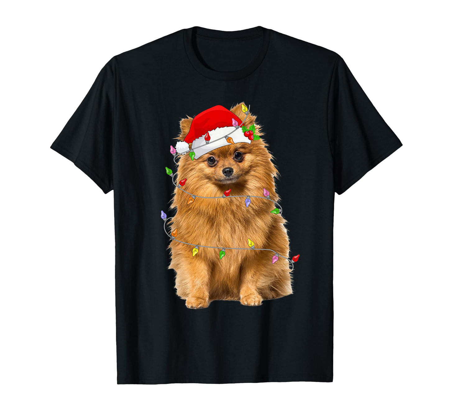Pomeranian Christmas Santa Hat Lights Funny Pet Dog Xmas T-Shirt