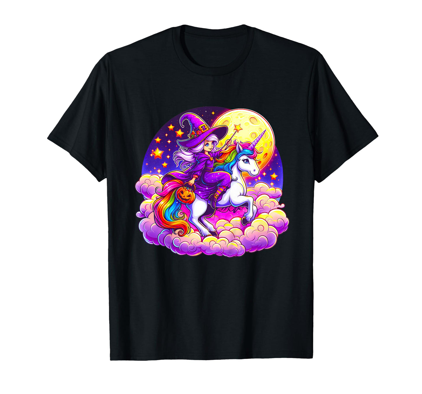 Kids Cute Witch Riding a Unicorn Magical Rainbow Girls Halloween T-Shirt