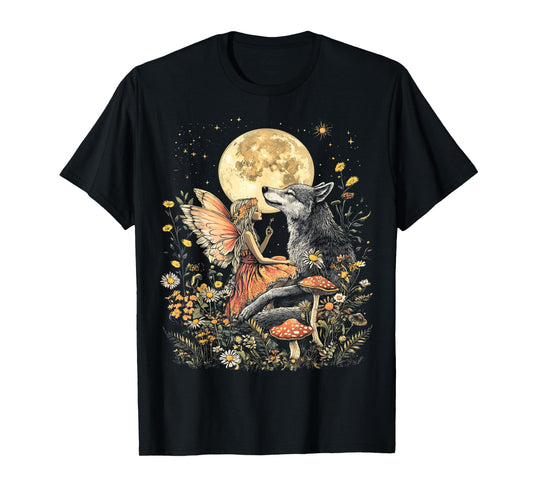 A Fairy Dark Cottagecore Mushroom Fairycore Wolf T-Shirt