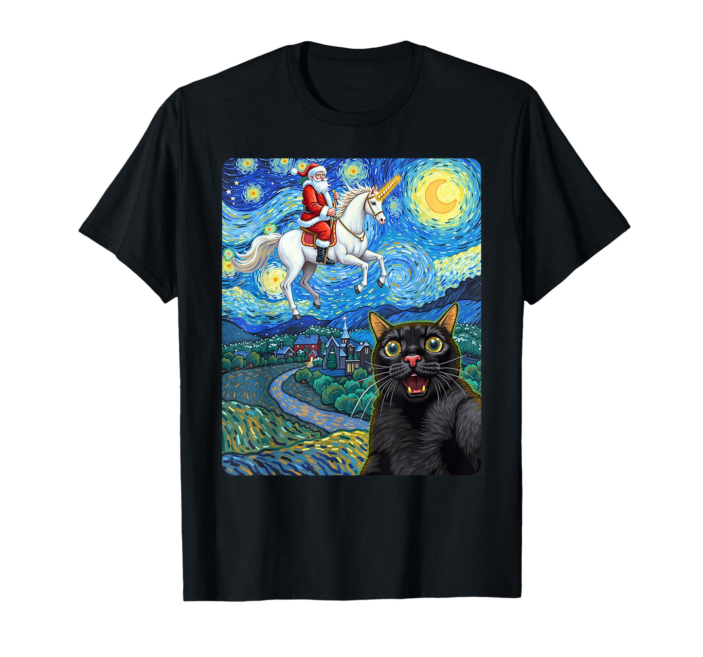 Black Cat Selfie with Santa Unicorn Starry Night Oil Paint T-Shirt