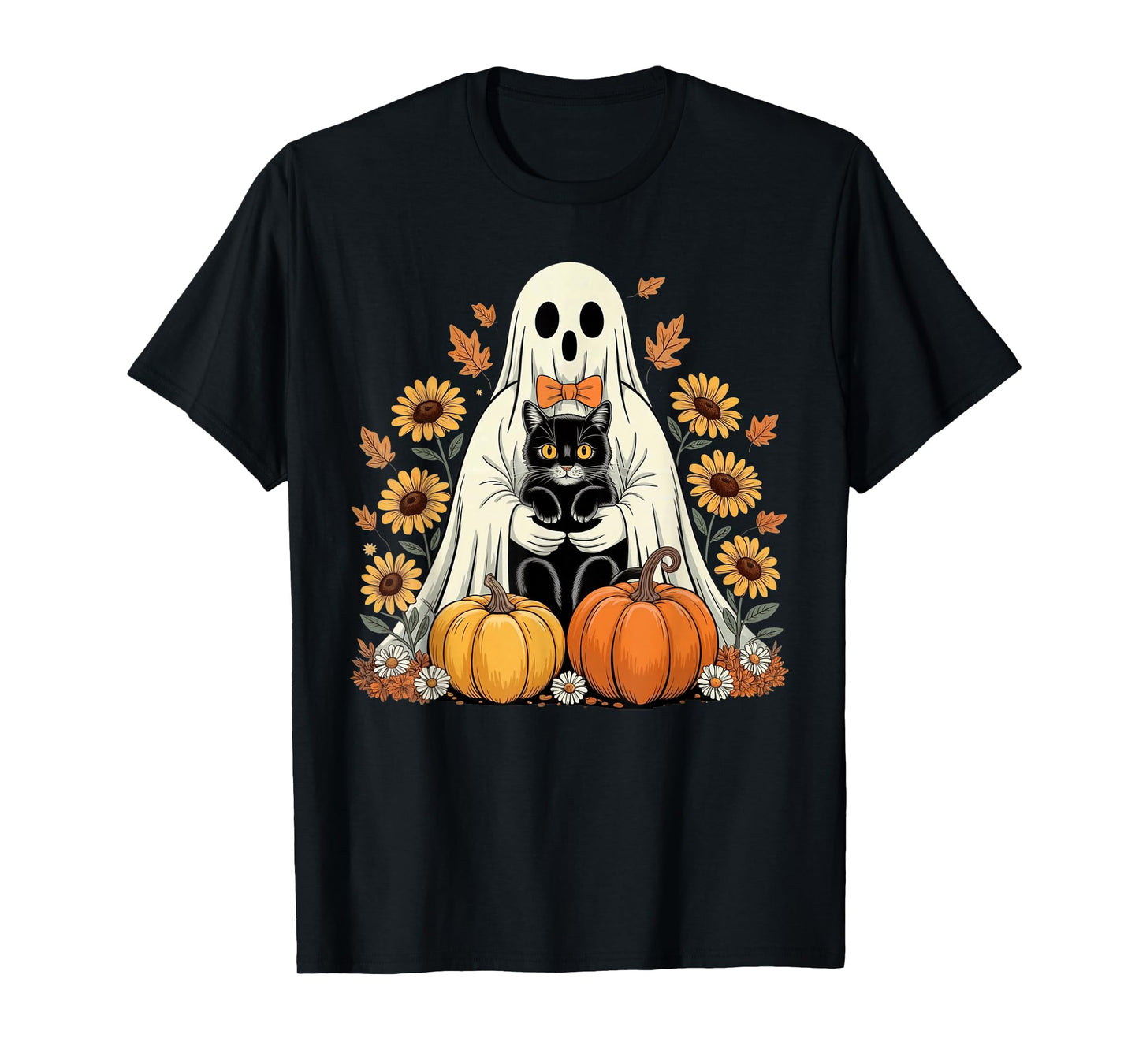 Womens Halloween Ghost Black Cat Ghost Halloween Girls T-Shirt