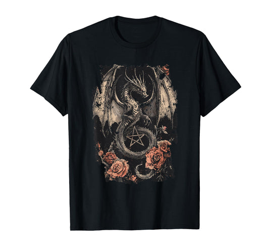 Dragon with Pentagram and Roses - Gothic Dragon T-Shirt