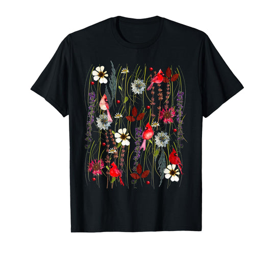 Vintage Cottagecore Wildflower Red Cardinal Bird Lover T-Shirt