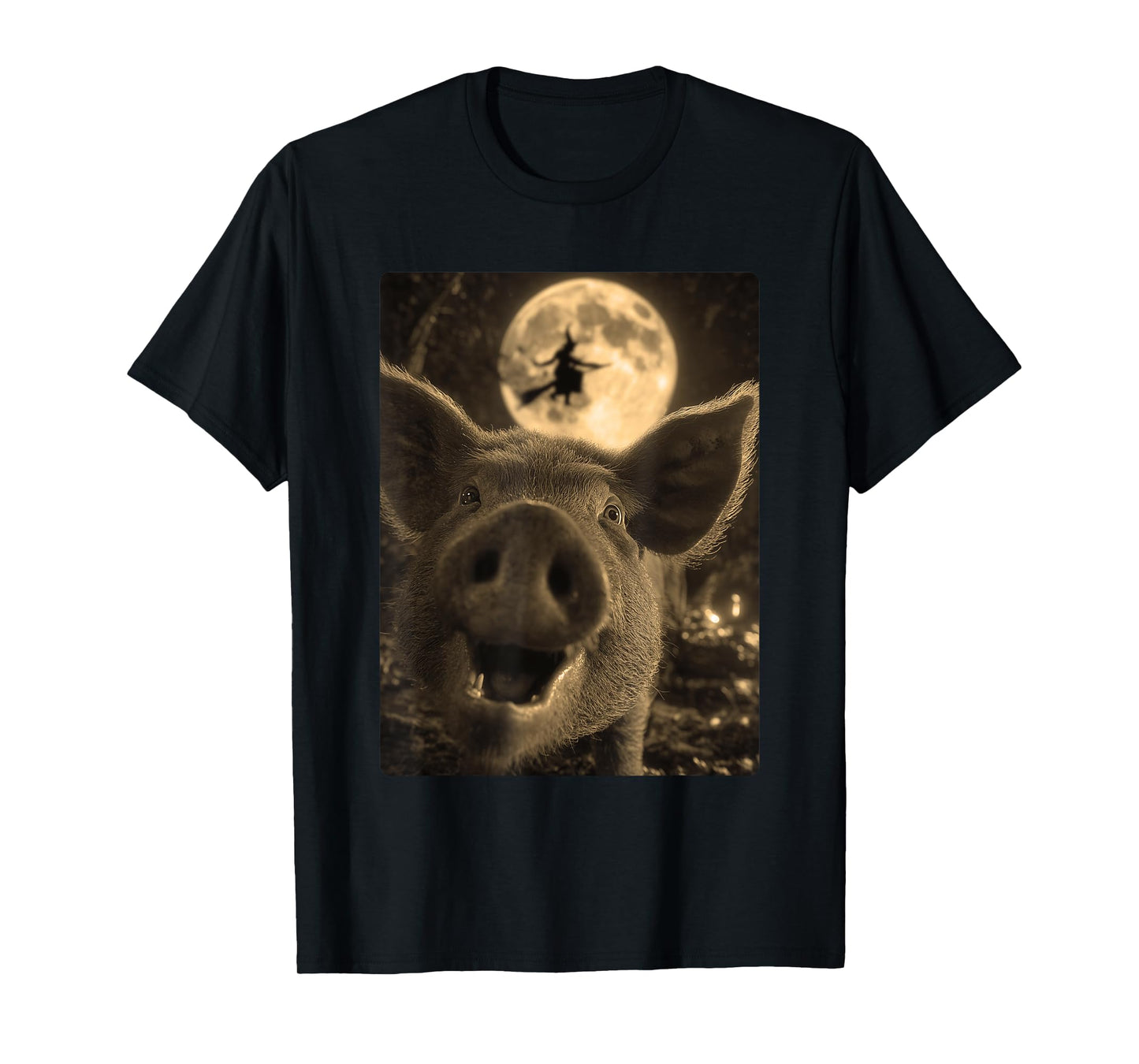 Funny Pig Selfie Full Moon Flying Witch Forest Halloween T-Shirt