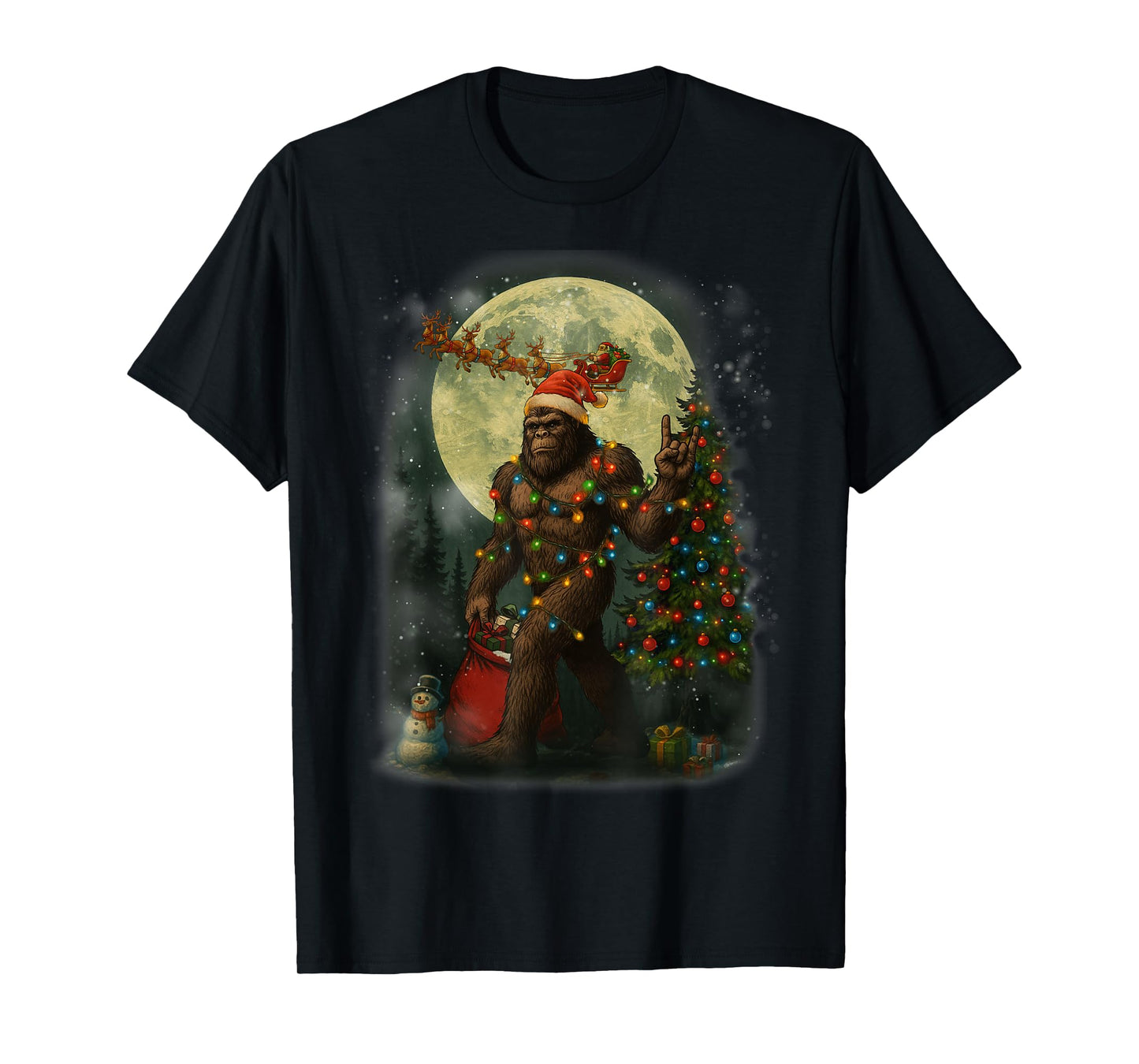 Big Foot Rock On Santa Snowman Christmas Tree Xmas Men Boys T-Shirt