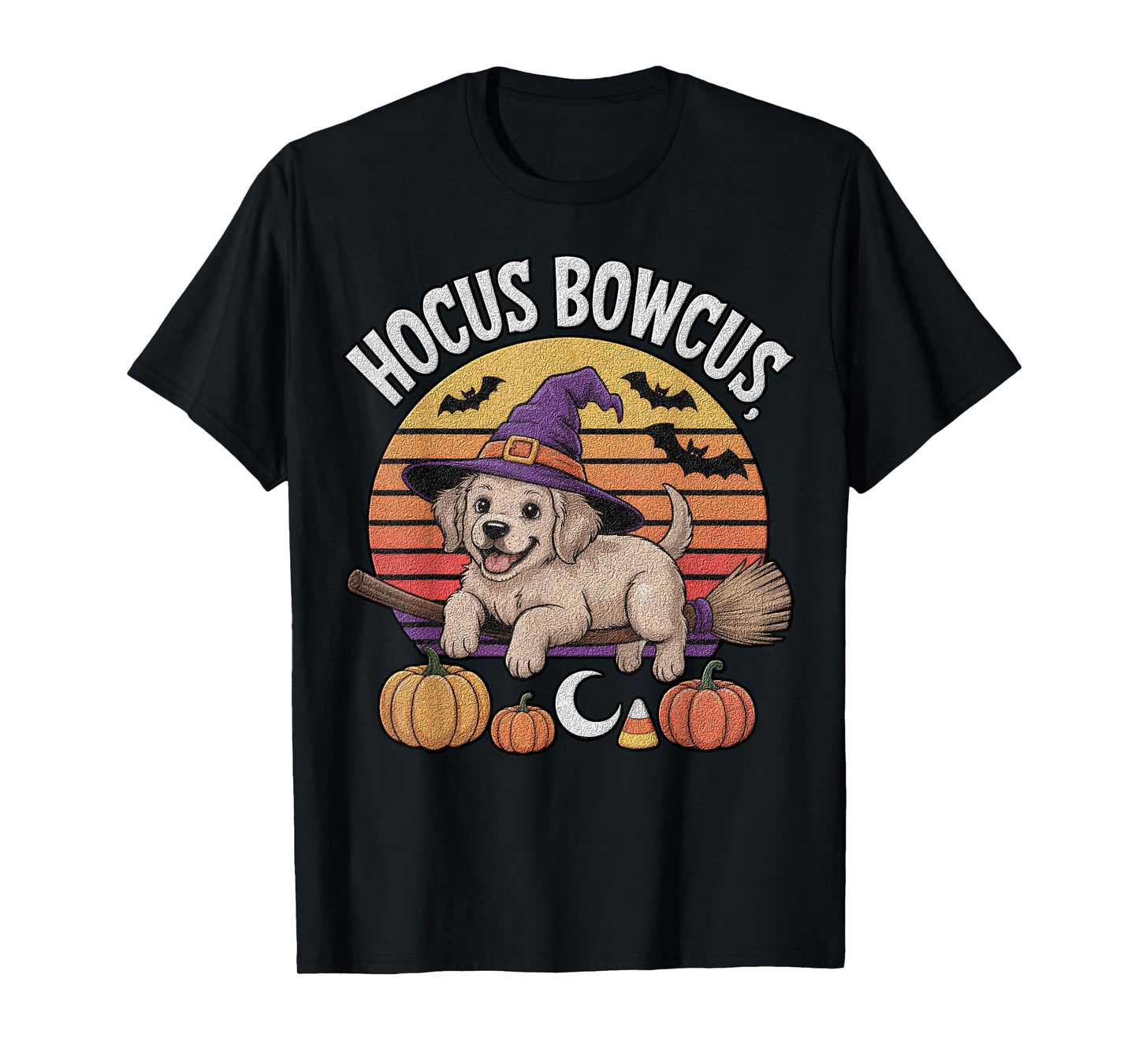 Hocus Bowcus Golden Retriever Puppy Witch Hat Bat Halloween T-Shirt