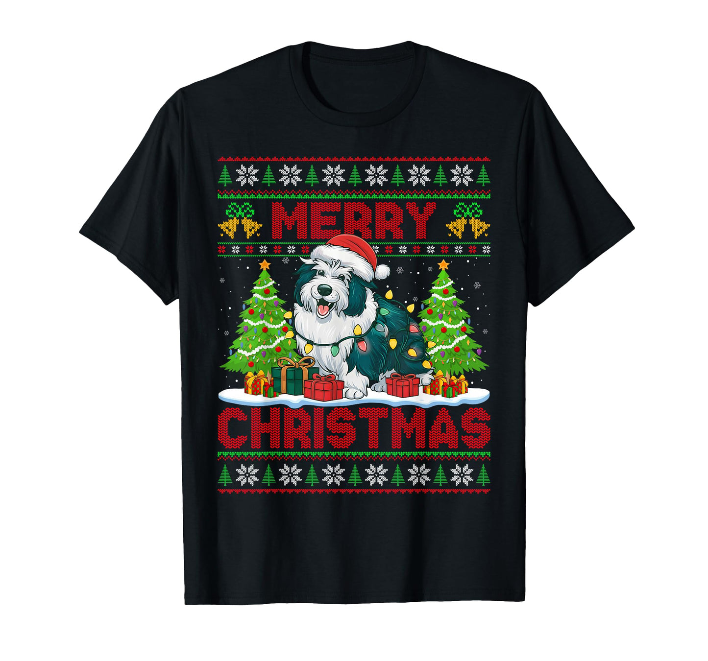 Sheepdog Ugly Christmas Sweaters Funny Pet Dog Lights Xmas T-Shirt