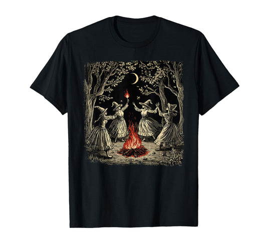 Vintage Witch Coven Dancing Around Bonfire Halloween Witches T-Shirt